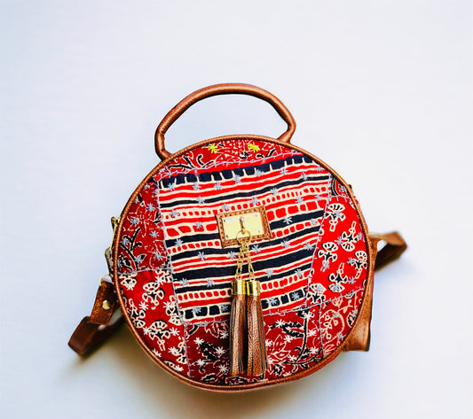 Red round hand block painted and patchwork crossbody bag